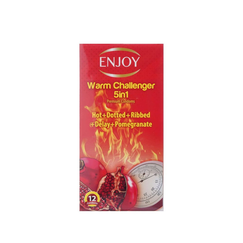 انجوي واقي ذكري 5 في 1 حار ومنقط ومضلع ومؤخر بنكهة الرمان  12 قطعة